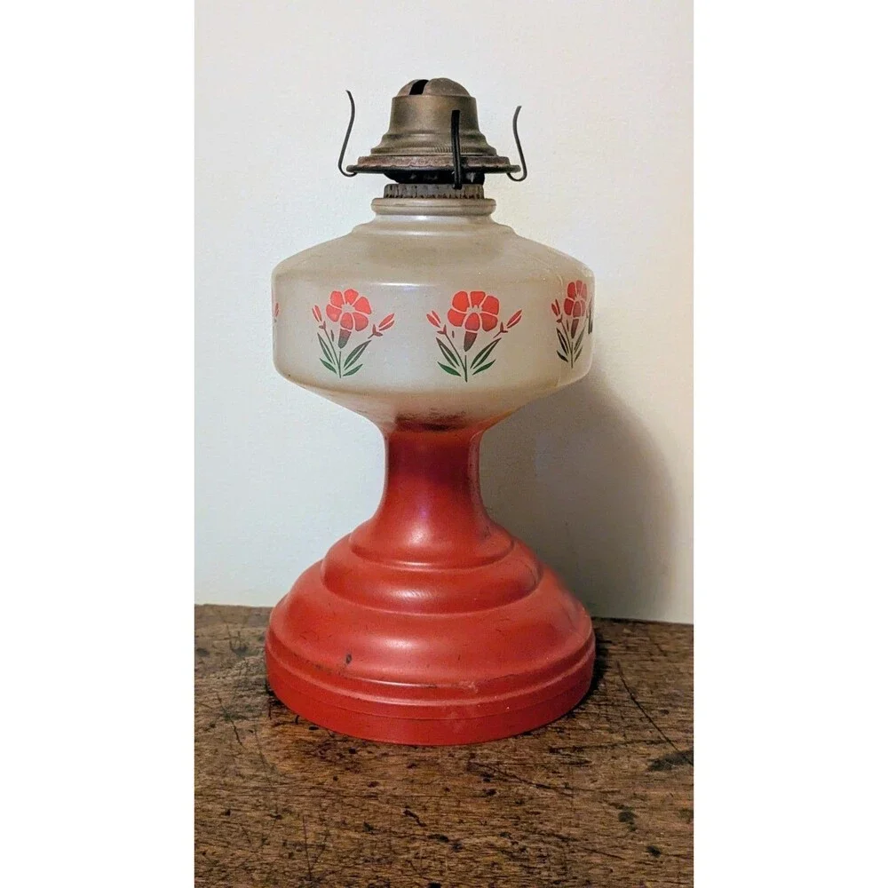 Vintage Red Frosted Glass Kerosene Oil Lamp Cold Painted Floral with Chimney 18